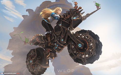 woman riding on motorcycle illustration, anime girls, WLOP, Zelda, The Legend of Zelda, The Legend of Zelda: Breath of the Wild, HD wallpaper HD wallpaper
