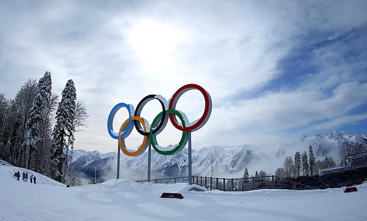 Olympics signage, winter, snow, trees, mountains, Russia, The Olympic rings, Sochi 2014, complex Laura, HD wallpaper
