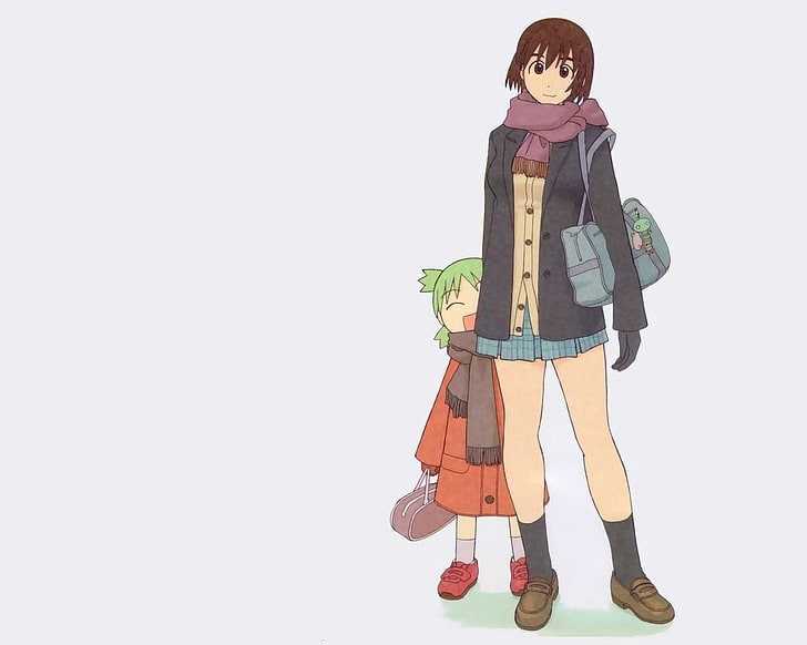 postać z anime brązowowłosa dziewczyna, yotsubato, koiwai yotsuba, ayase fuuka, dziewczyna, dziecko, torba, szalik, Tapety HD