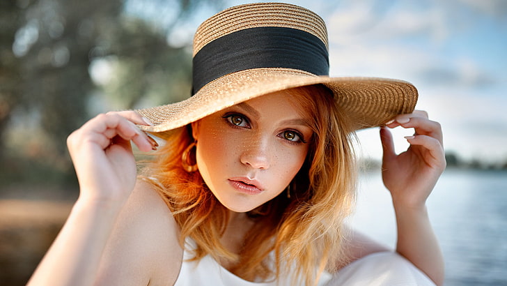 topi matahari coklat dan hitam wanita, wanita, berambut merah, wajah, potret, topi, Wallpaper HD