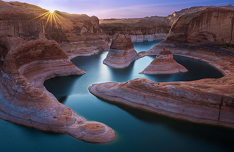 canyon, Utah, river, desert, sun rays, water, nature, landscape, rock formation, HD wallpaper HD wallpaper