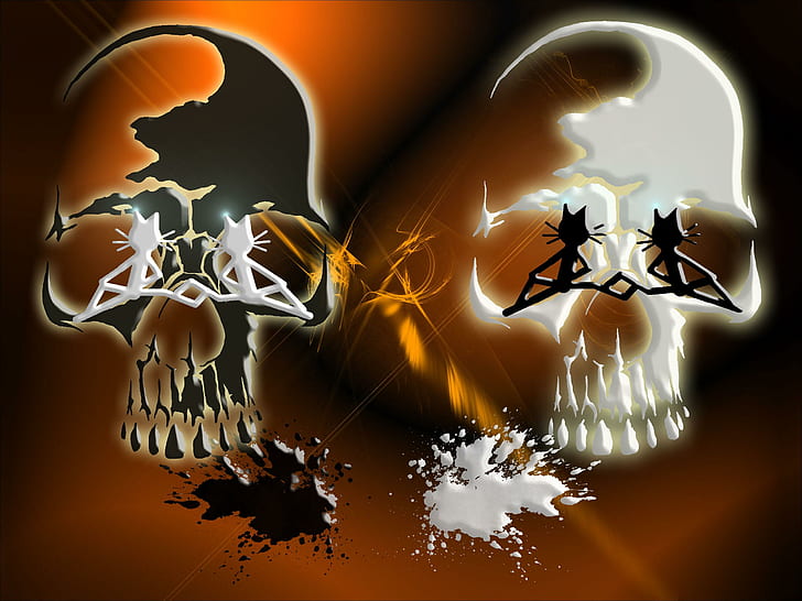 Cat Kittycat Skull, peintures de crâne en noir et blanc, crâne, chats, animaux domestiques, kittycat, animaux, halloween, pour windows, Fond d'écran HD