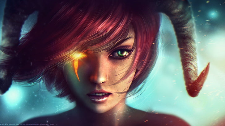 garota com cabelo vermelho e chifre anime papel de parede, Dungeons and Dragons, arte da fantasia, chifres, rosto, olhos verdes, menina fantasia, HD papel de parede