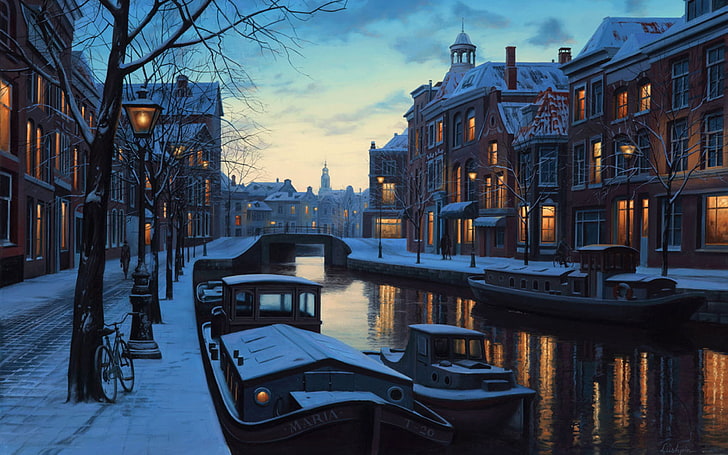 brown concrete buildings, winter, snow, bridge, bike, lights, river, home, boats, Amsterdam, Netherlands, twilight, painting, Holland, evening, Eugeny Lushpin, Eugene Lushpin, Lushpin, Winter twilight, HD wallpaper