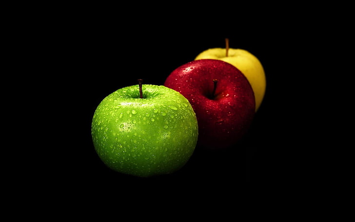 несколько яблок разного цвета, яблоки, черный фон, фрукты, HD обои