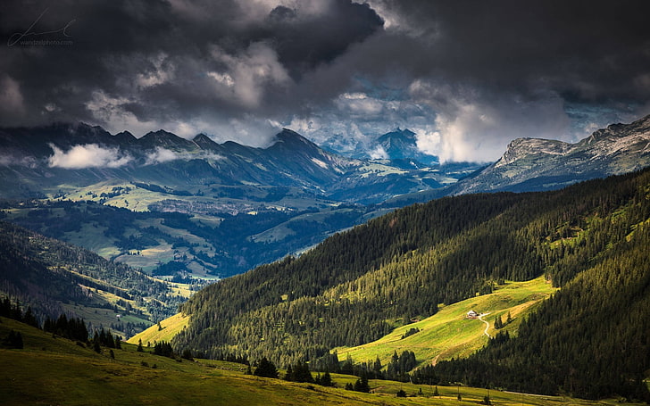 pemandangan, alam, pegunungan, hutan, pegunungan Alpen, awan, Swiss, hijau, biru, musim panas, pohon, Wallpaper HD