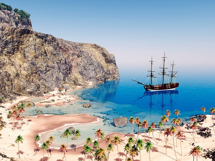perahu coklat dan badan air, laut, langit, matahari, batu, pohon-pohon palem, batu, pantai, kapal, perahu layar, Grafik 3D, Wallpaper HD
