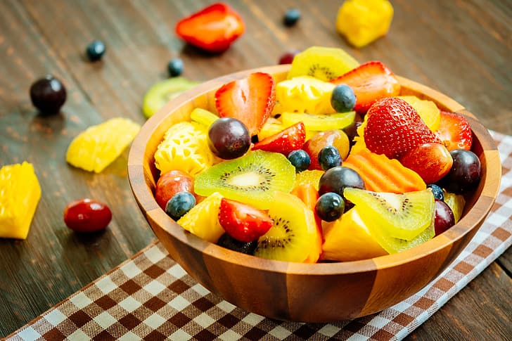 berries, kiwi, strawberry, grapes, bowl, fruit, blueberries, fruit salad, HD wallpaper