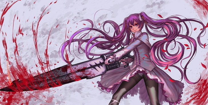 purple hair anime character, Anime, Akame ga Kill!, Blood, Dress, Long Hair, Mine (Akame Ga Kill!), Pantyhose, Pink Hair, Purple Eyes, Purple Hair, Smile, Twintails, Weapon, HD wallpaper