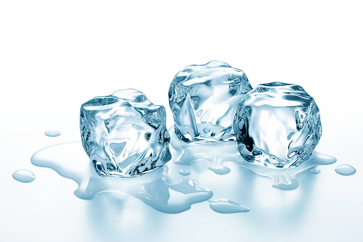 three ice cubes, ice, water, ice cubes, HD wallpaper