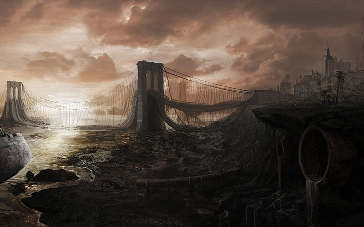 Городские пейзажи Постапокалиптический Бруклинский мост. Апокалипсис. Работа 2560x1600 Архитектура Мосты HD Арт, городские пейзажи, постапокалиптические, HD обои
