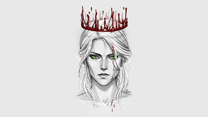 seni kipas, Cirilla, The Witcher 3: Perburuan Liar, darah, Cirilla Fiona Elen Riannon, mahkota, mata hijau, Ciri, Wallpaper HD