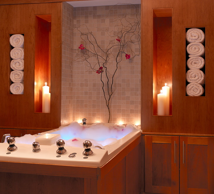 bak mandi air panas putih, busa, furnitur, interior, lilin, kamar mandi, handuk, Wallpaper HD