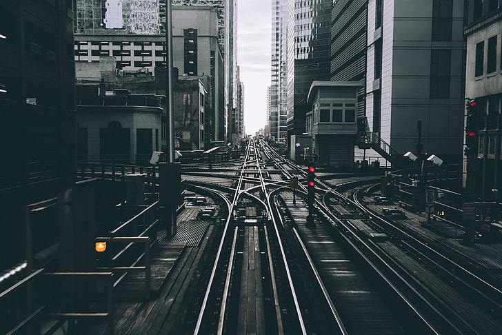 gray rail road, Chicago, railway, USA, signal, urban, building, lights, metro, HD wallpaper