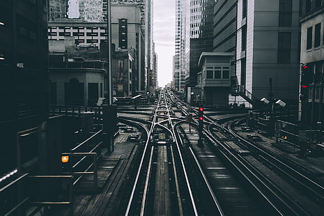 jalan kereta api abu-abu, Chicago, kereta api, AS, sinyal, perkotaan, bangunan, lampu, metro, Wallpaper HD HD wallpaper