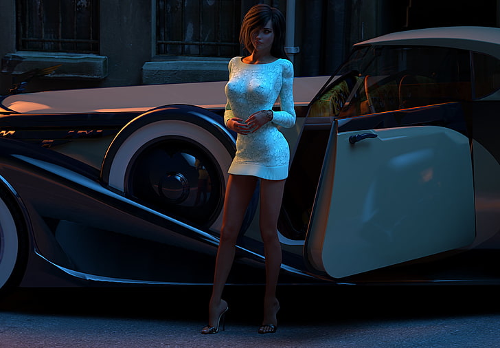 animated women's white and gray long-sleeved mini dress wallpaper, auto, girl, rendering, street, beauty, the evening, dress, car, kelly, HD wallpaper