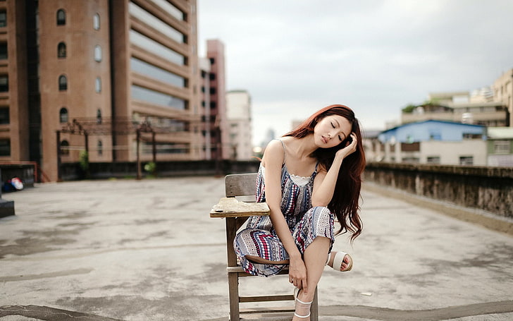 sitting, chair, urban, women outdoors, long hair, Asian, women, model, HD wallpaper