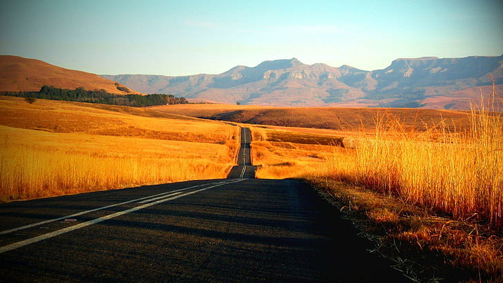 Lonesome Highway, black asphalt highway, fields, hills, highway, mountains, nature and landscapes, HD wallpaper