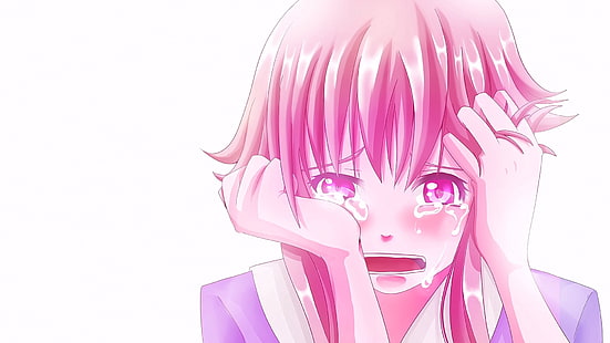 anime, anime girls, weißer hintergrund, rosa haare, traurigkeit, weinen, offener mund, rosa augen, kurze haare, blick auf betrachter, mirai nikki, gasai yuno, HD-Hintergrundbild HD wallpaper