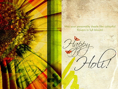 Happy Holi gratulationskort, lycklig holi-text, festivaler / helgdagar, Holi, festival, semester, kort, hälsning, HD tapet HD wallpaper