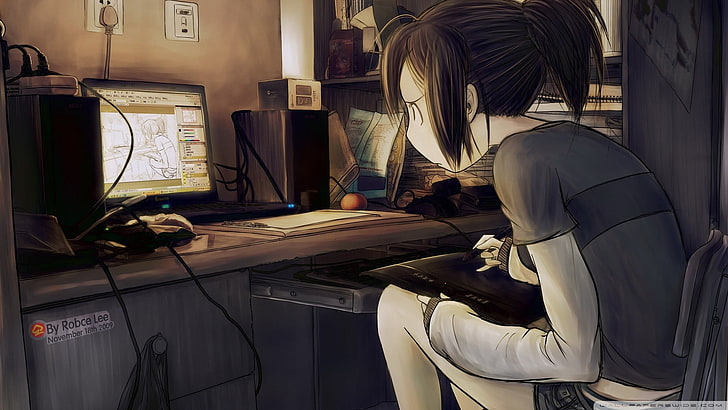 black-haired woman using computer illustration, computer, artwork, anime girls, anime, HD wallpaper