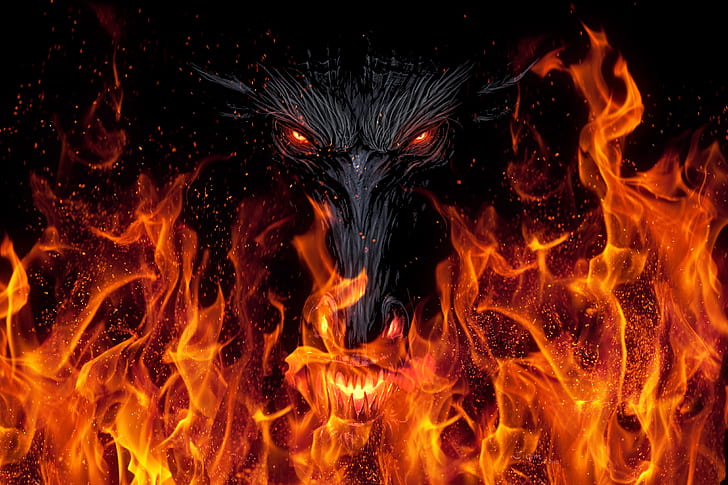 Iblis, iblis, api, seni fantasi, naga, Wallpaper HD