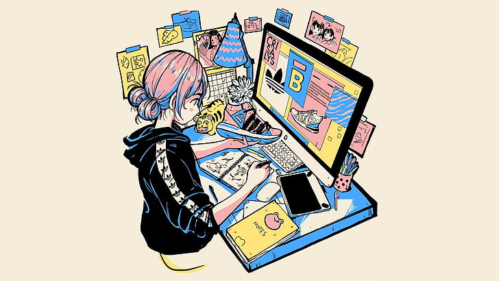 アニメ、マンガ、アニメの女の子、コンピューター、デザイナー、Photoshop、シンプルな背景、アディダス、スニーカー、 HDデスクトップの壁紙