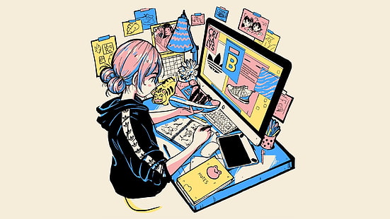 anime, manga, anime girls, computer, designer, Photoshop, simple background, Adidas,  sneakers, HD wallpaper HD wallpaper