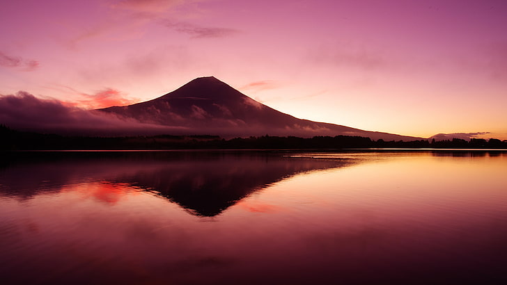 jezioro tanuki, góra fuji, fioletowe niebo, fioletowy krajobraz, mt fuji, odbicie, góra, jezioro, odbicie, fujinomiya, sizuoka, japonia, azja, honsiu, Tapety HD