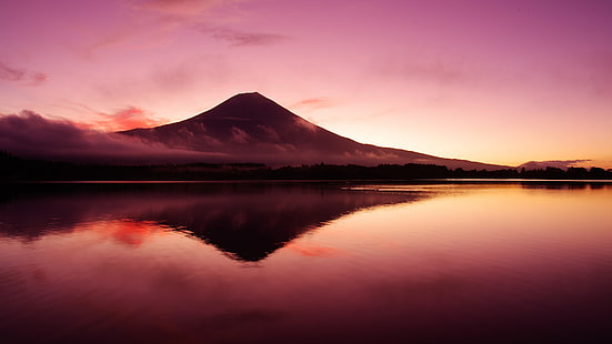lake tanuki, mount fuji, purple sky, purple landscape, mt fuji, reflected, mountain, lake, reflection, fujinomiya, sizuoka, japan, asia, honshu, HD wallpaper HD wallpaper