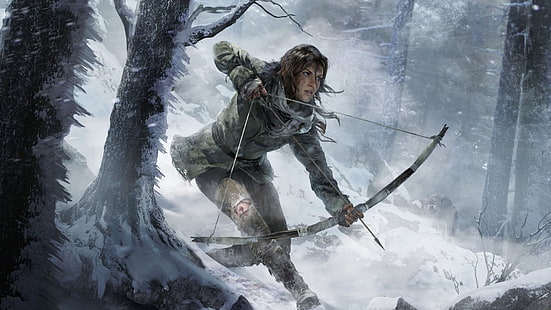 mulher segurando o arco com flecha no papel de parede digital floresta coberta de neve, Lara Croft, Tomb Raider, Rise of the Tomb Raider, arco, HD papel de parede HD wallpaper