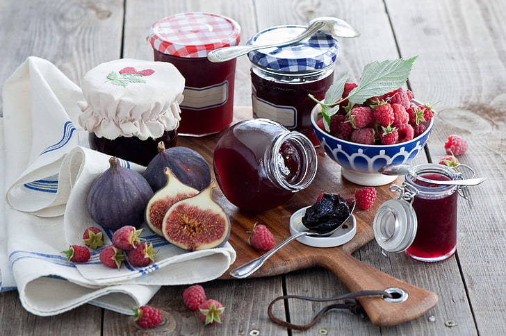 berries, raspberry, jars, Board, jam, spoon, figs, Anna Verdina, HD wallpaper
