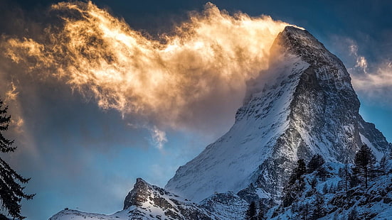 Monte paisaje, Alpes suizos, Europa, UE, Suiza, Zermatt, Gornergrat, cumbre, macizo, cielo, nieve, Alpes, Matterhorn, pico, invierno, nube, naturaleza, montaña, Fondo de pantalla HD HD wallpaper