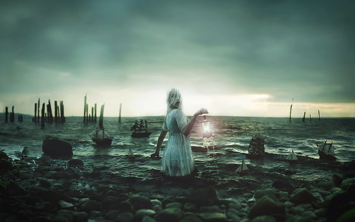 women, fantasy girl, lantern, sky, sea, water, model, HD wallpaper