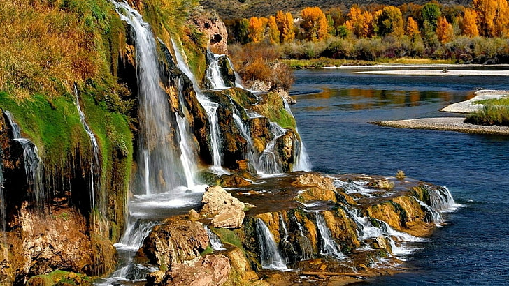 風景、シュート、カスケード、アメリカ合衆国、アメリカ、アメリカ、川、アイダホ州、秋、水、スネーク川、ストリーム、秋クリーク滝、葉、白鳥の谷、水域、自然、滝、 HDデスクトップの壁紙