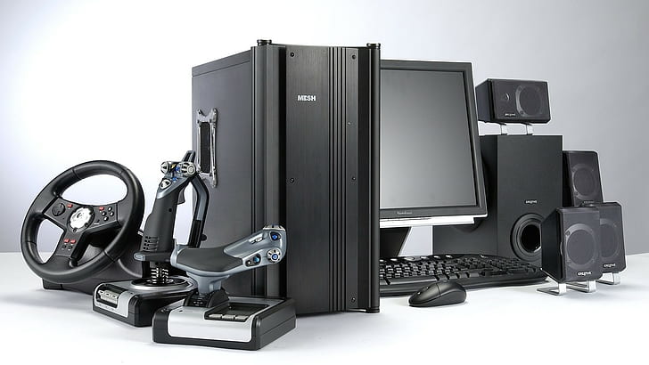 Компьютер, оборудование, монитор, системный блок, колонки, руль, игра, HD обои