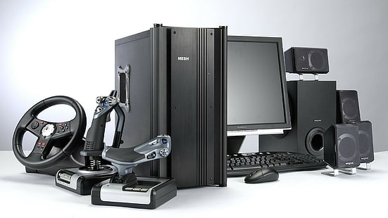Dator, hårdvara, bildskärm, systemenhet, högtalare, ratt, spel, HD tapet HD wallpaper