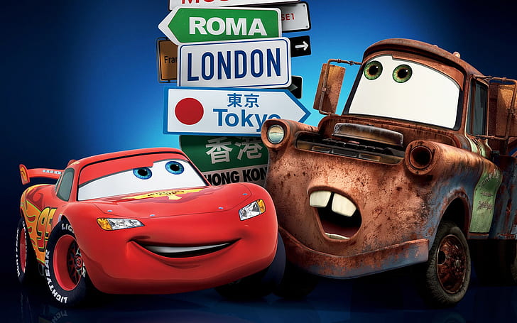 Cars 2 London Tokyo HD, fulmini mcqueen e tow mitra, automobili, film, 2, londra, tokyo, pixars, Sfondo HD