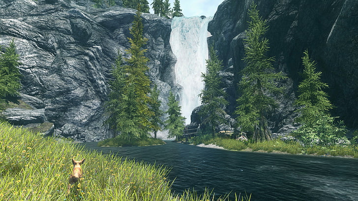 Cataratas y pintura de agua, The Elder Scrolls V: Skyrim, naturaleza, paisaje, árboles, Fondo de pantalla HD