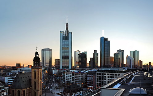 paesaggio urbano, grattacielo, tramonto, chiesa, tetti, murario, città, urbano, Francoforte, Germania, Sfondo HD HD wallpaper