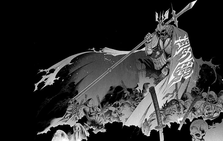 ساموراي يحمل ورق حائط كروي ، أسود ، داكن ، رسم ، خيال ، كاتانا ، ساموراي ، جماجم ، سيوف ، محارب ، أسلحة، خلفية HD