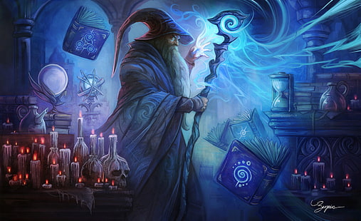  Fantasy, Wizard, Book, Candle, Magic, Man, Skull, HD wallpaper HD wallpaper