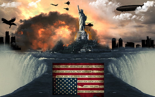 Statue of Liberty, Statue of Liberty, American flag, explosion, HD wallpaper HD wallpaper