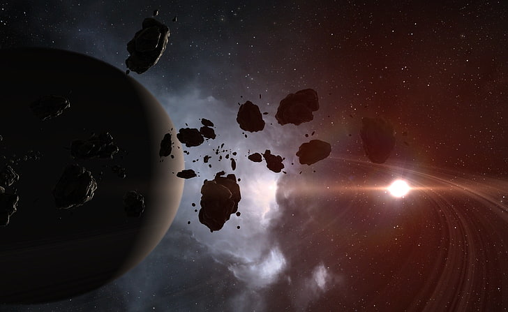 weiße und schwarze Keramikfigur, Raum, Sterne, Planet, Asteroid, Raumkunst, digitale Kunst, HD-Hintergrundbild