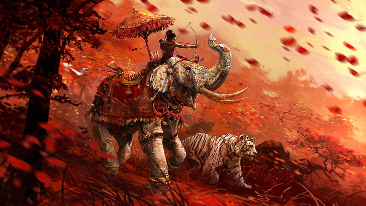 человек, едущий на слоне рядом с тигром-альбиносом, обои Far Cry 4, видеоигры, слон, белые тигры, лук и стрелы, HD обои