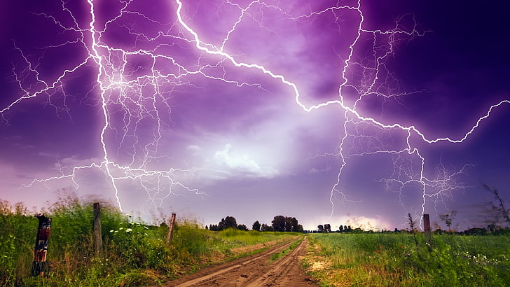 lightning, stormy, bad weather, night lights, field, pathway, meadow, HD wallpaper