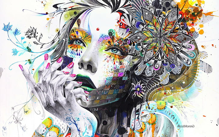 konstverk hand ansikte färgglada kvinnor surrealistisk mosaik målning anime färg stänk minjae lee, HD tapet