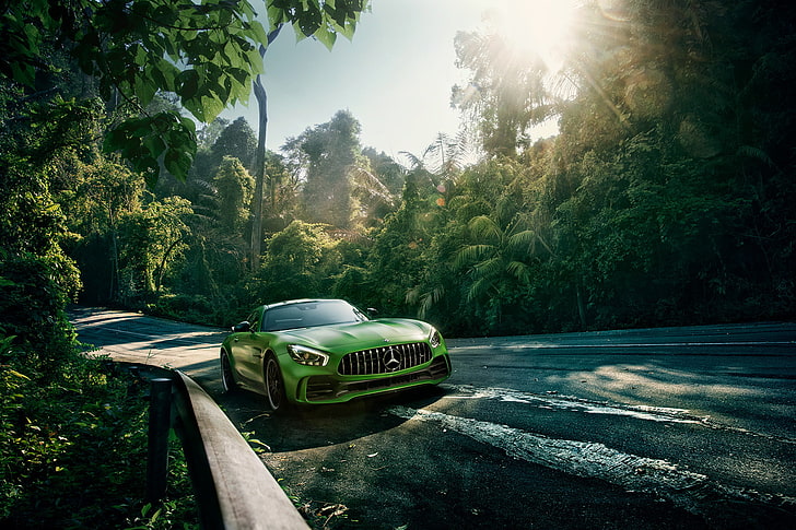 mobil, Mercedes-Benz, mobil hijau, jalan, pohon, lanskap, tampilan sudut depan, Wallpaper HD
