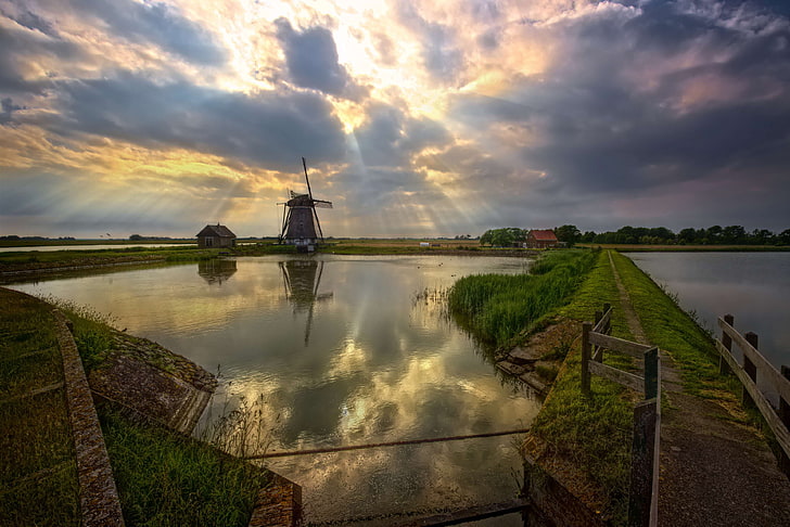 agriculture, clouds, dike, holiday, holland, landscape, mood, netherlands, nice weather, panorama, pond, sky, summer, sun, texel, view, water, windmill, HD wallpaper