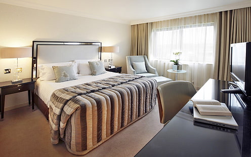 set furnitur kamar tidur putih dan hitam, kamar tidur, interior, desain interior, Wallpaper HD HD wallpaper